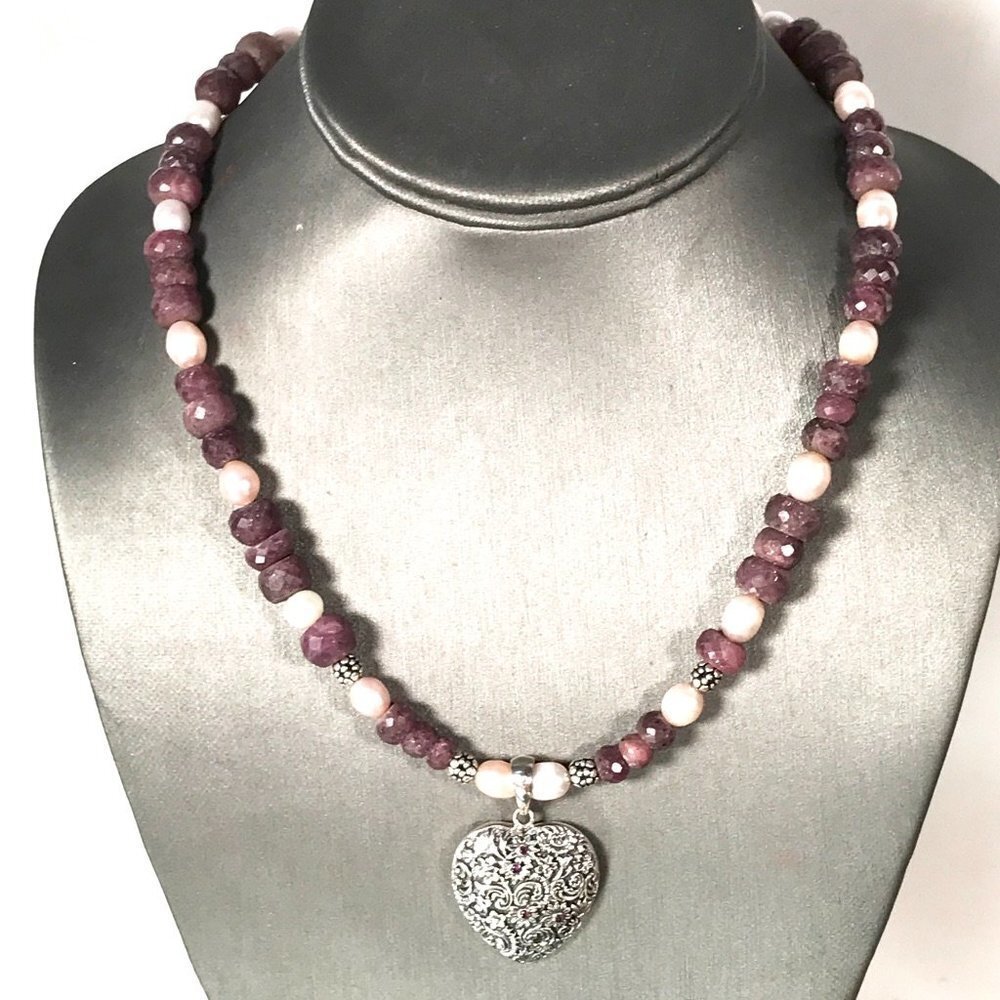 Genuine Ruby Gemstone Pearl Heart 925 Victorian Sterling Silver Necklace Pendant - Picture 6 of 10